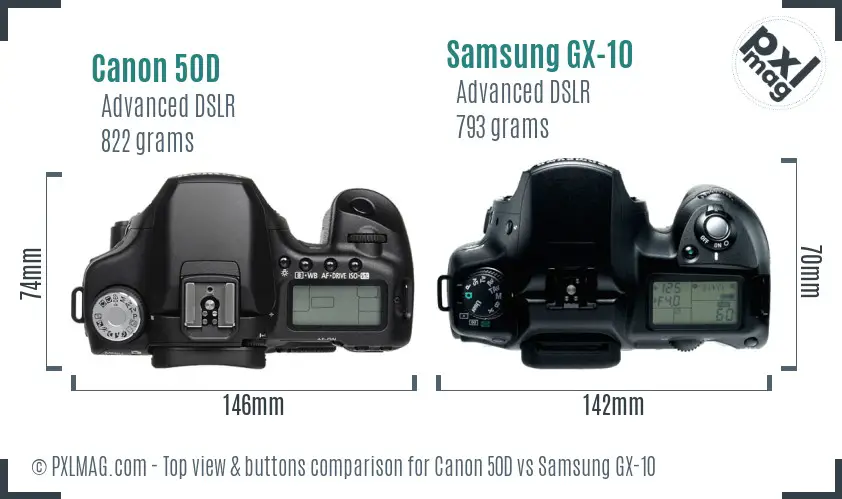 Canon 50D vs Samsung GX-10 top view buttons comparison