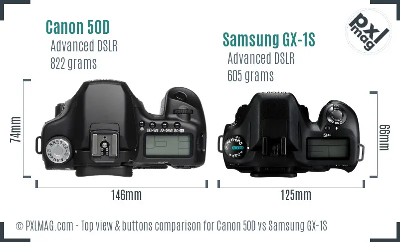 Canon 50D vs Samsung GX-1S top view buttons comparison
