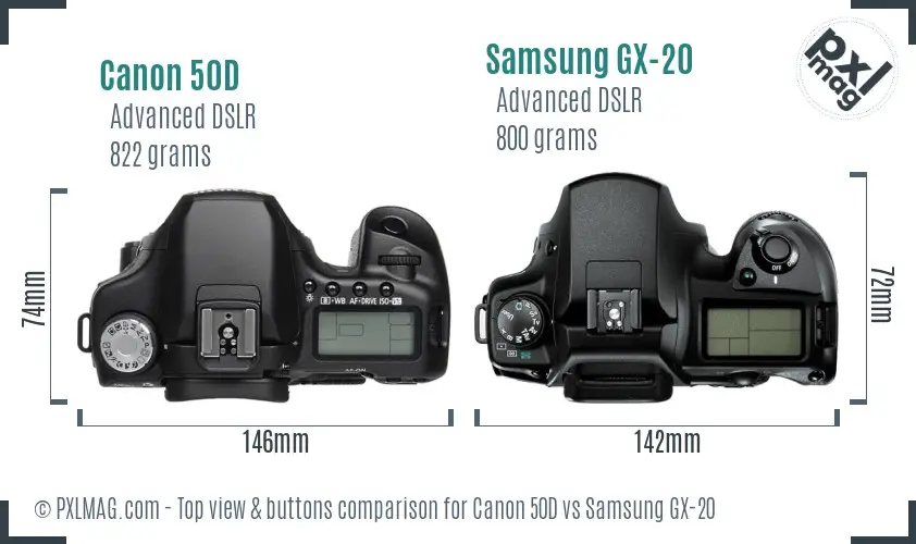 Canon 50D vs Samsung GX-20 top view buttons comparison