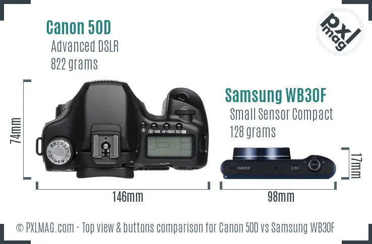 Canon 50D vs Samsung WB30F top view buttons comparison