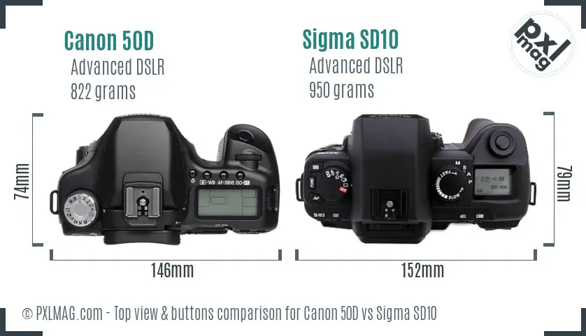 Canon 50D vs Sigma SD10 top view buttons comparison