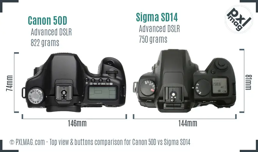 Canon 50D vs Sigma SD14 top view buttons comparison