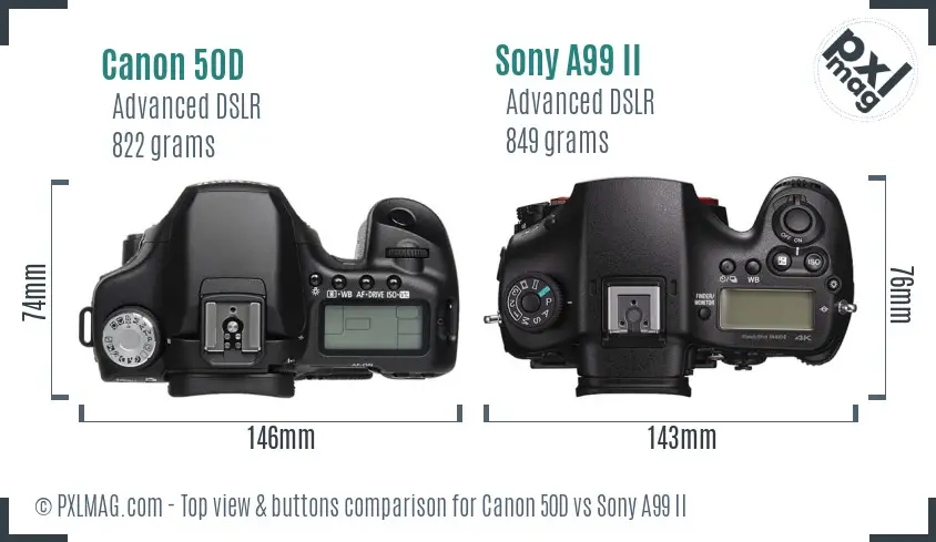 Canon 50D vs Sony A99 II top view buttons comparison