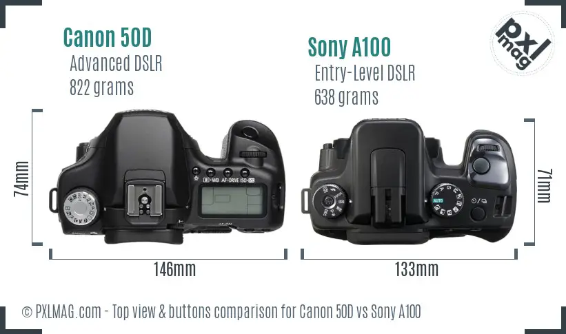 Canon 50D vs Sony A100 top view buttons comparison
