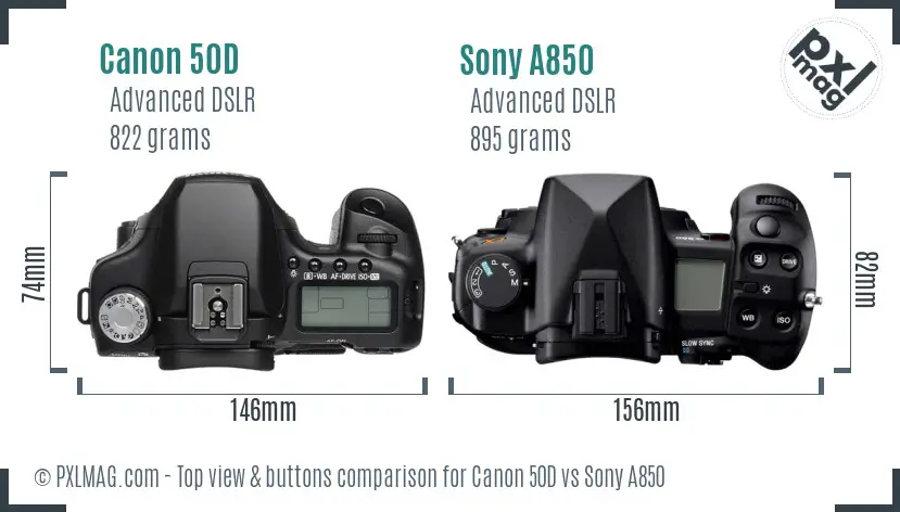Canon 50D vs Sony A850 top view buttons comparison