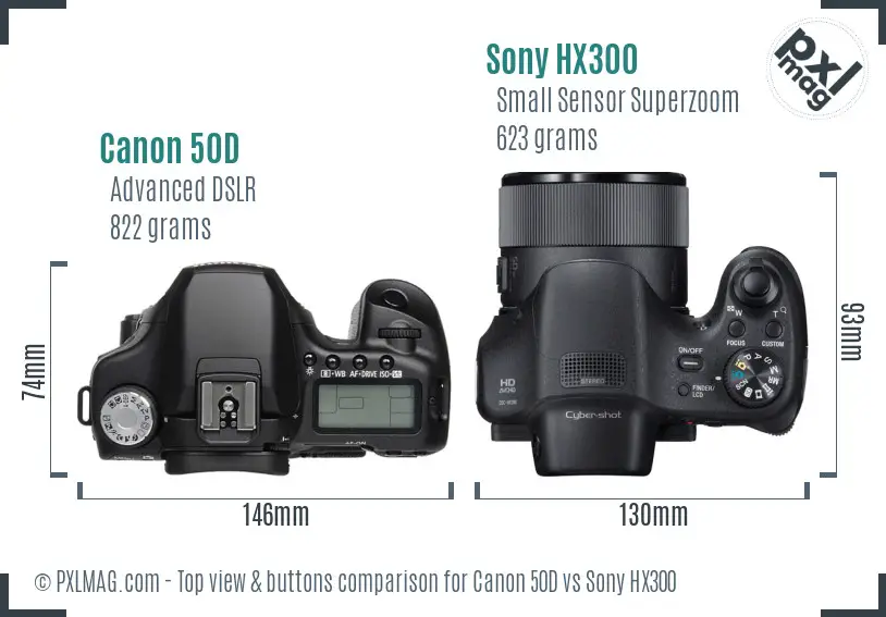 Canon 50D vs Sony HX300 top view buttons comparison Canon 50D vs Sony HX300 top view buttons comparison