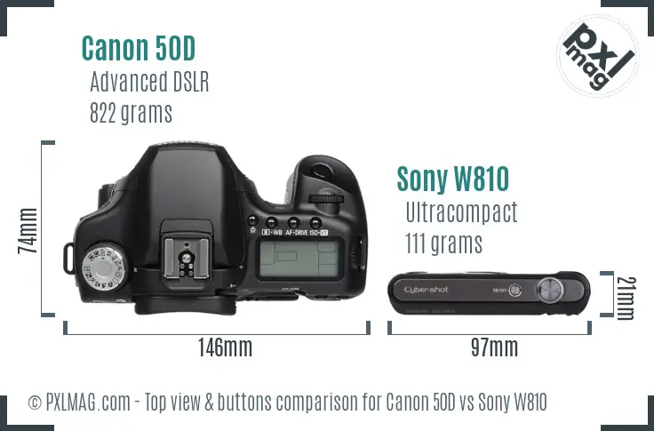 Canon 50D vs Sony W810 top view buttons comparison