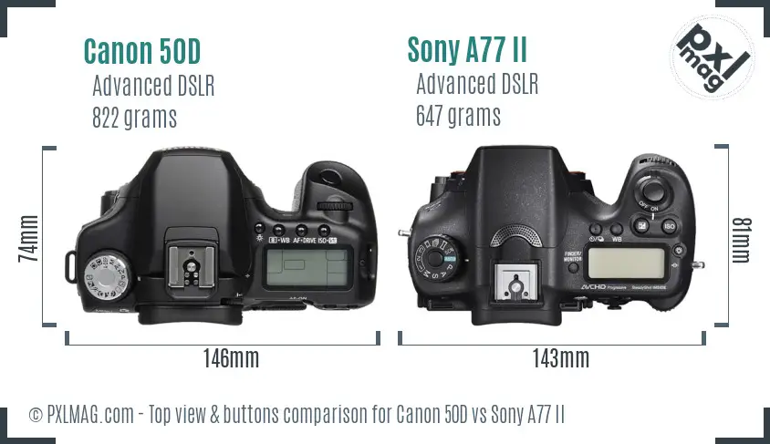 Canon 50D vs Sony A77 II top view buttons comparison