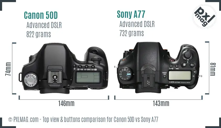 Canon 50D vs Sony A77 top view buttons comparison
