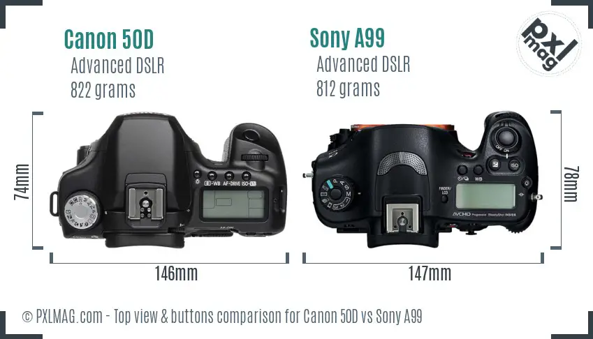 Canon 50D vs Sony A99 top view buttons comparison