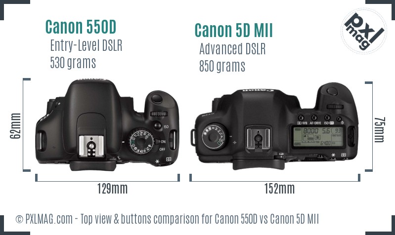 Canon 550D vs Canon 5D MII top view buttons comparison