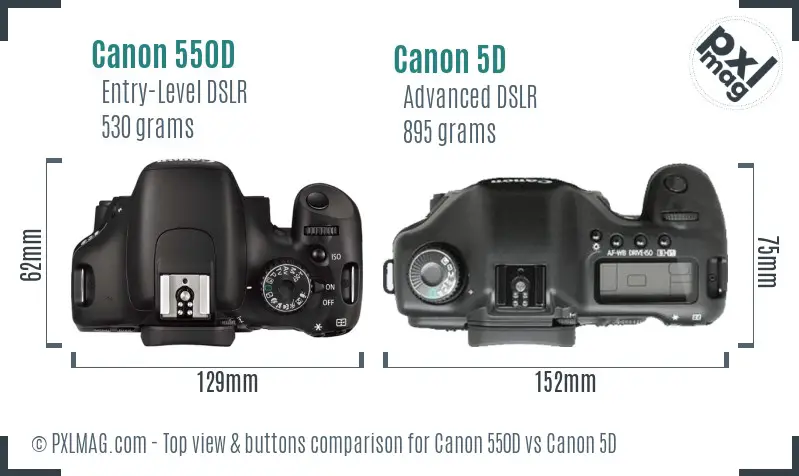 Canon 550D vs Canon 5D top view buttons comparison