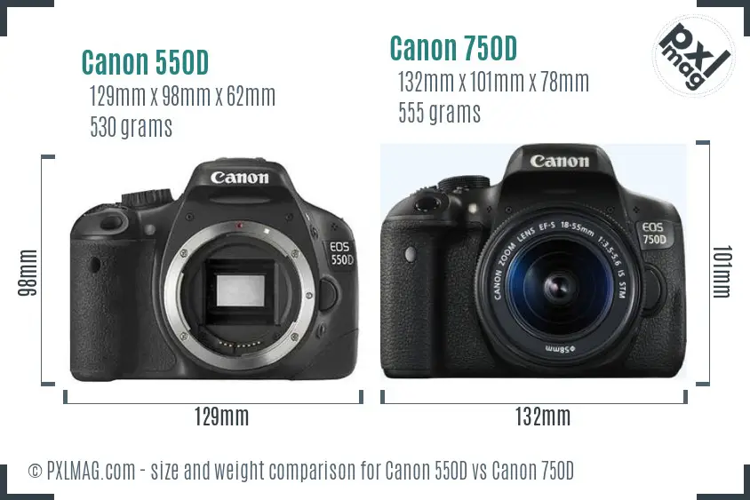Canon 550D vs Canon 750D size comparison