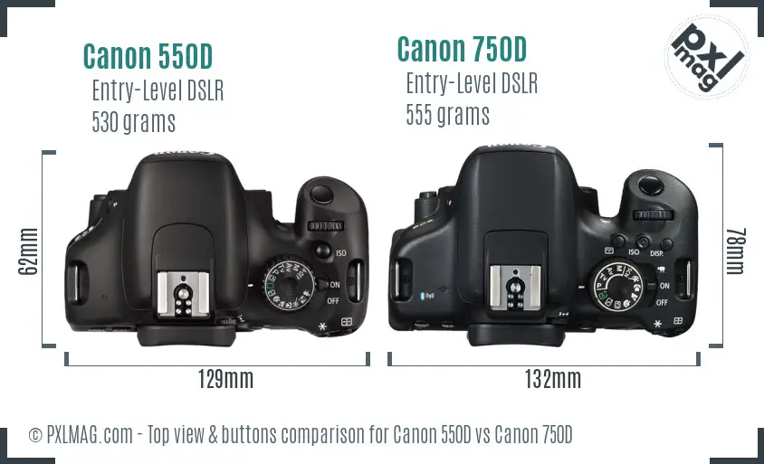 Canon 550D vs Canon 750D top view buttons comparison