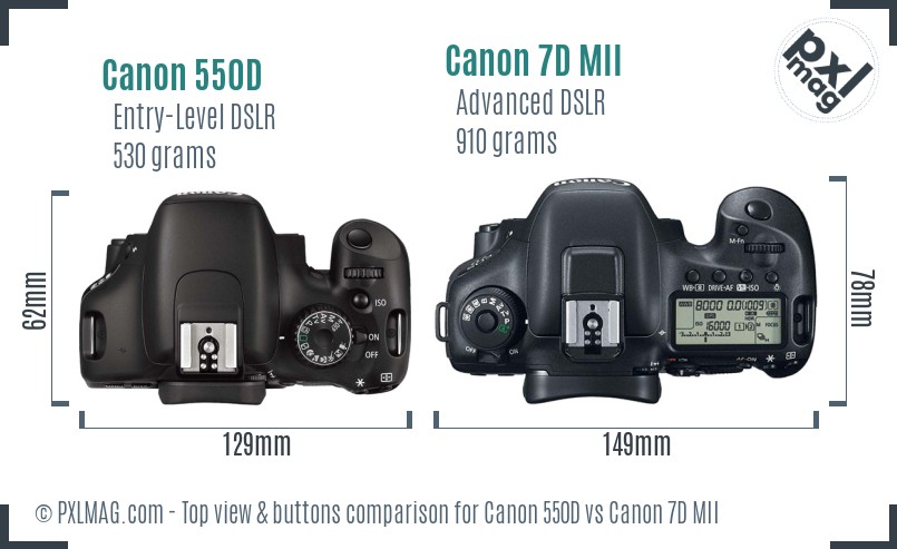 Canon 550D vs Canon 7D MII top view buttons comparison