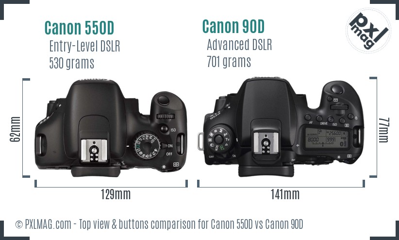 Canon 550D vs Canon 90D top view buttons comparison