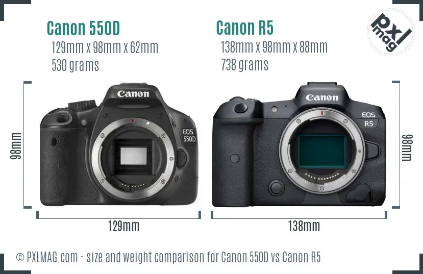 Canon 550D vs Canon R5 size comparison Canon 550D vs Canon R5 size comparison