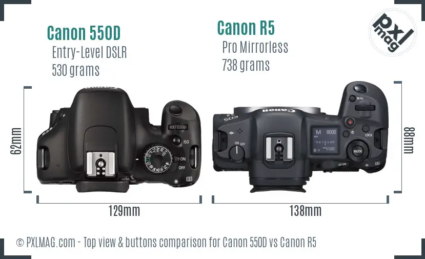 Canon 550D vs Canon R5 top view buttons comparison Canon 550D vs Canon R5 top view buttons comparison