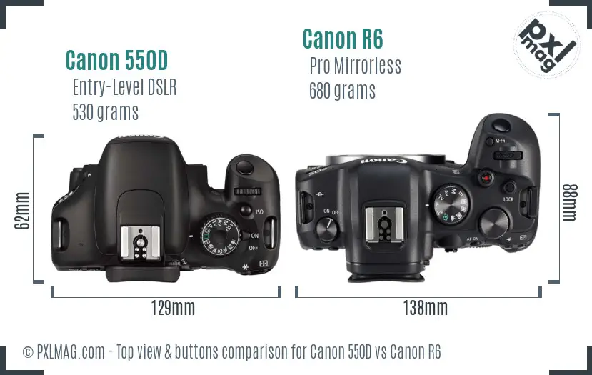 Canon 550D vs Canon R6 top view buttons comparison Canon 550D vs Canon R6 top view buttons comparison