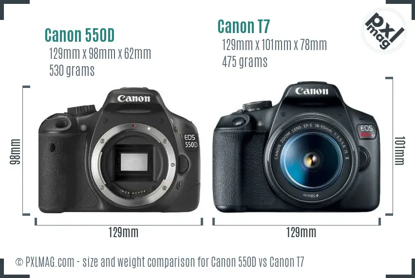 Canon 550D vs Canon T7 size comparison