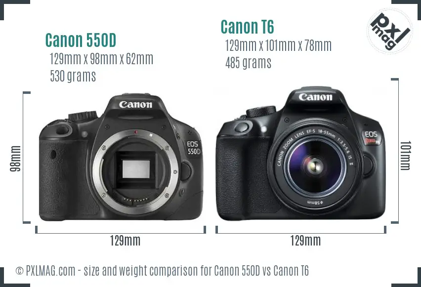 Canon 550D vs Canon T6 size comparison