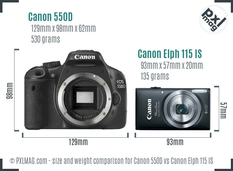 Canon 550D vs Canon Elph 115 IS size comparison