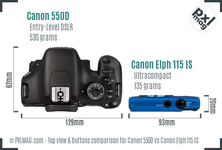 Canon 550D vs Canon Elph 115 IS top view buttons comparison