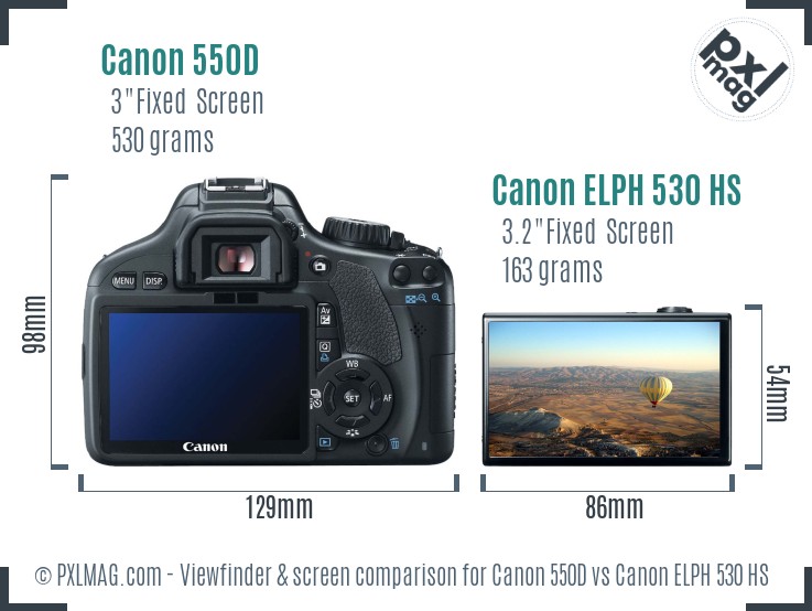 Canon 550D vs Canon ELPH 530 HS Screen and Viewfinder comparison
