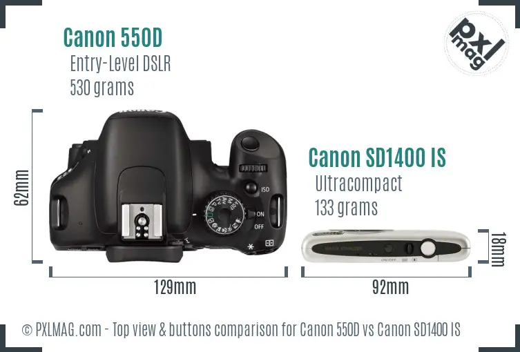 Canon 550D vs Canon SD1400 IS top view buttons comparison