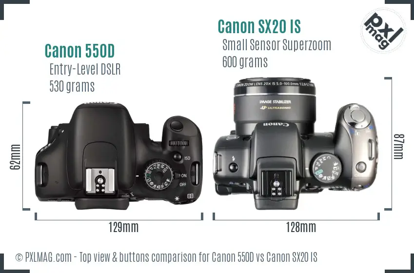Canon 550D vs Canon SX20 IS top view buttons comparison