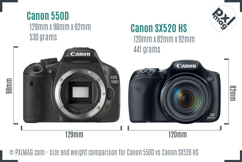 Canon 550D vs Canon SX520 HS size comparison