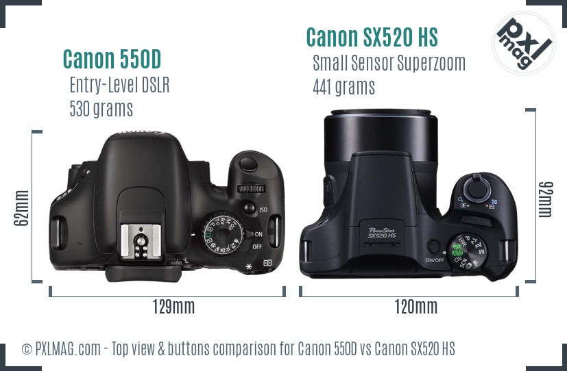 Canon 550D vs Canon SX520 HS top view buttons comparison