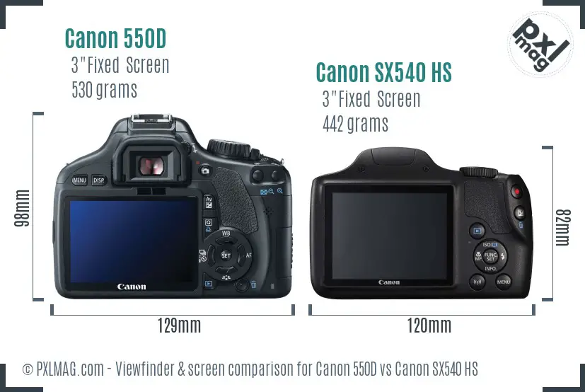 Canon 550D vs Canon SX540 HS Screen and Viewfinder comparison