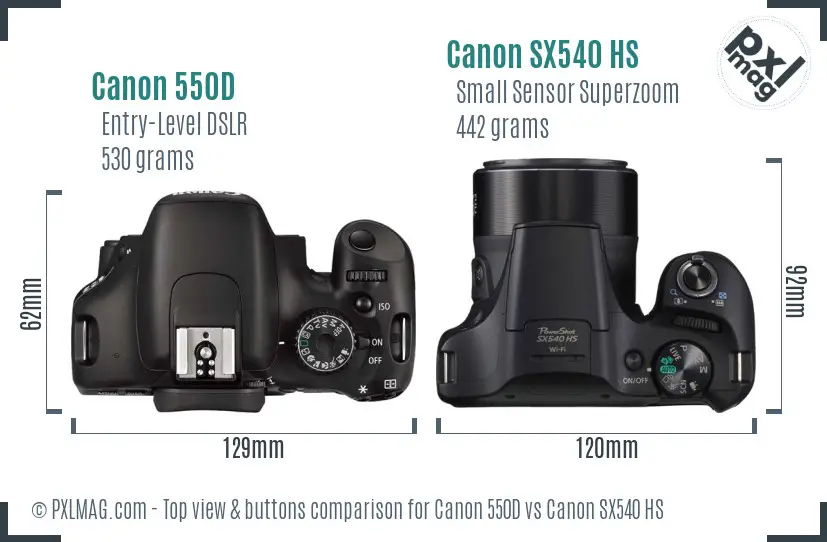 Canon 550D vs Canon SX540 HS top view buttons comparison