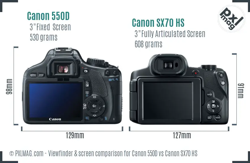Back LCD screen and interface comparison demonstrates articulating touchscreen advantages of SX70 HS against fixed LCD of 550D