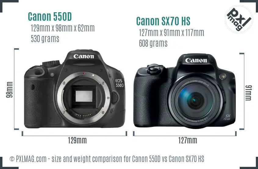 Size and ergonomics comparison clearly show Canon 550D's DSLR form factor versus SX70 HS bridge style