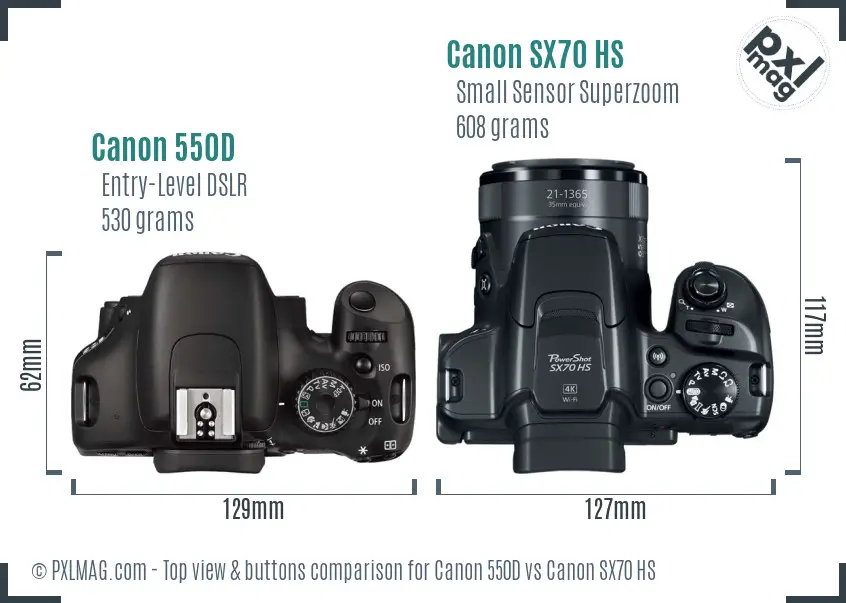 Top view design and control layout comparison reveals 550D's DSLR simplicity vs SX70 HS's modern multifunction layout