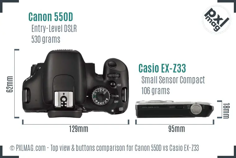 Canon 550D vs Casio EX-Z33 top view buttons comparison