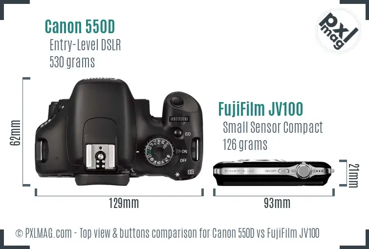 Canon 550D vs FujiFilm JV100 top view buttons comparison