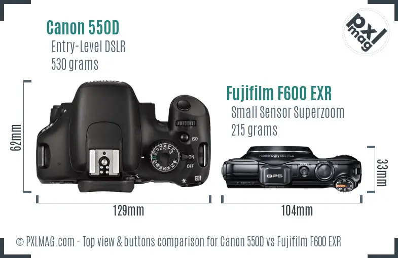 Canon 550D vs Fujifilm F600 EXR top view buttons comparison