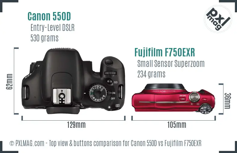 Canon 550D vs Fujifilm F750EXR top view buttons comparison