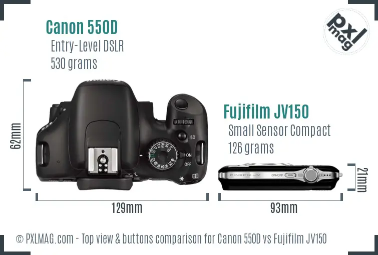Canon 550D vs Fujifilm JV150 top view buttons comparison