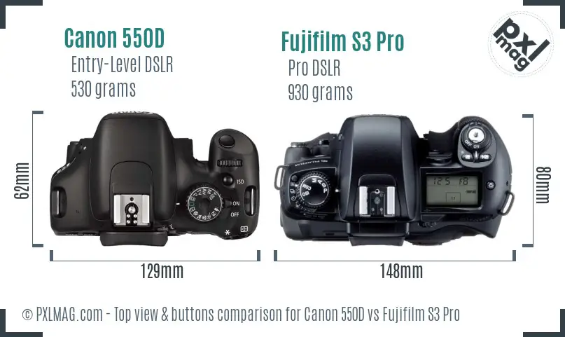 Canon 550D vs Fujifilm S3 Pro top view buttons comparison