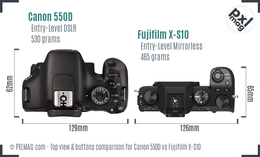 Canon 550D vs Fujifilm X-S10 top view buttons comparison