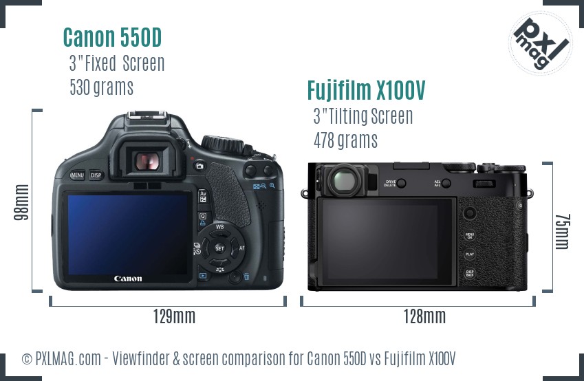 Canon 550D vs Fujifilm X100V Screen and Viewfinder comparison