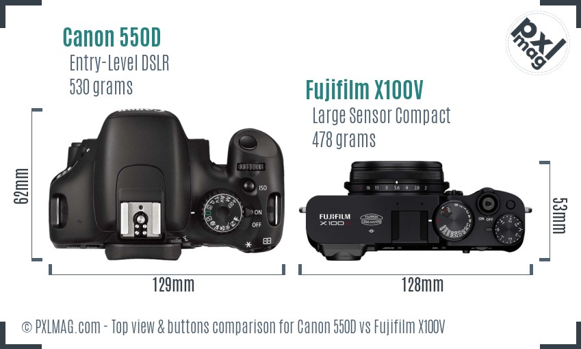 Canon 550D vs Fujifilm X100V top view buttons comparison