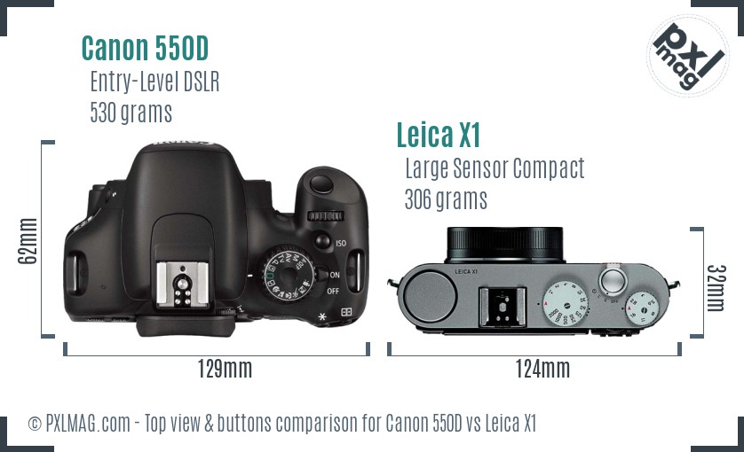 Canon 550D vs Leica X1 top view buttons comparison