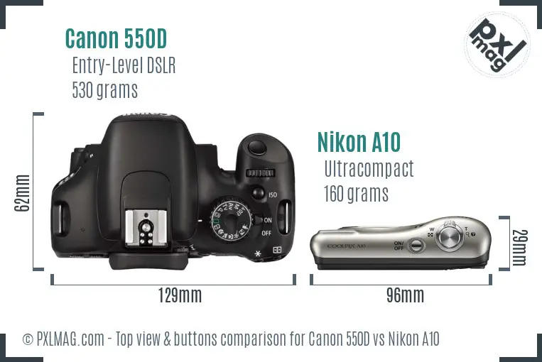 Canon 550D vs Nikon A10 top view buttons comparison