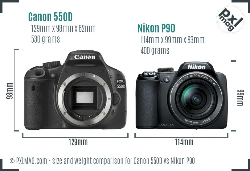 Canon 550D vs Nikon P90 size comparison