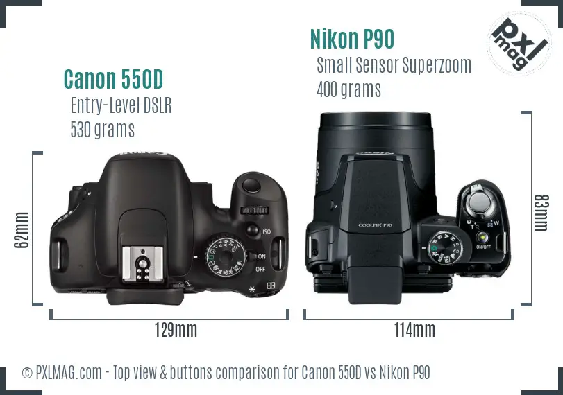 Canon 550D vs Nikon P90 top view buttons comparison